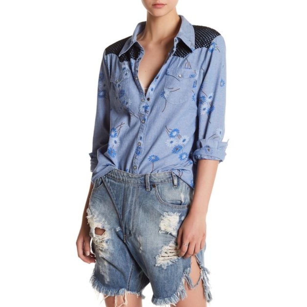 ONE TEASPOON Wild Saloon Floral Chambray Shirt